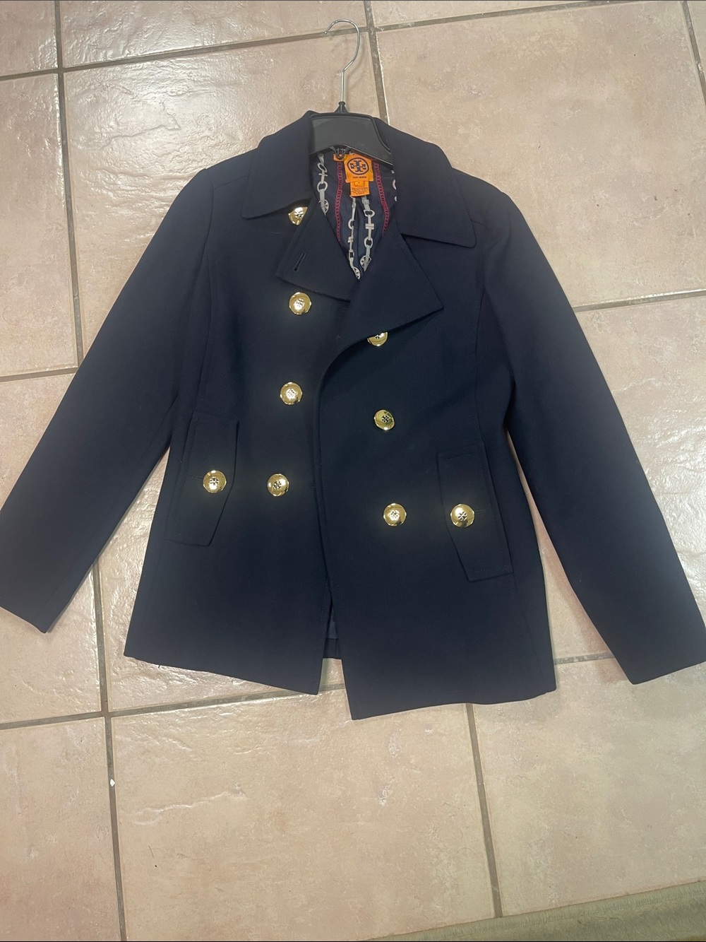 Tory Burch Navy Double-Breasted Peacoat with Gold Buttons